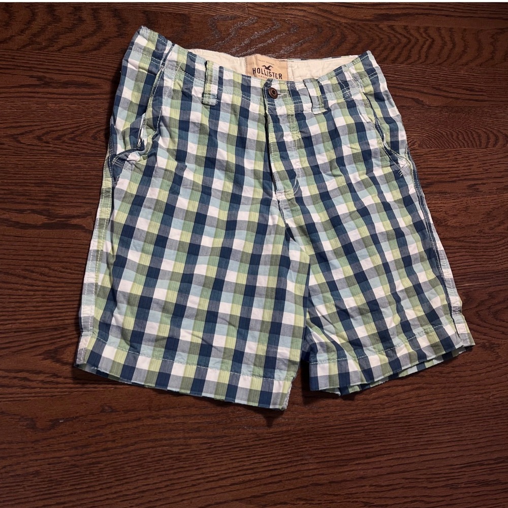y2k vintage hollister men's green & blue plaid cotton baggy shorts size 30